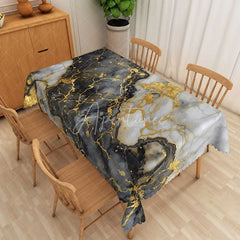 Aperturee - Aperturee Grey and White Geometric Marble Rectangle Tablecloth Gold Hexagon Line Art Table Cover Modern Decor