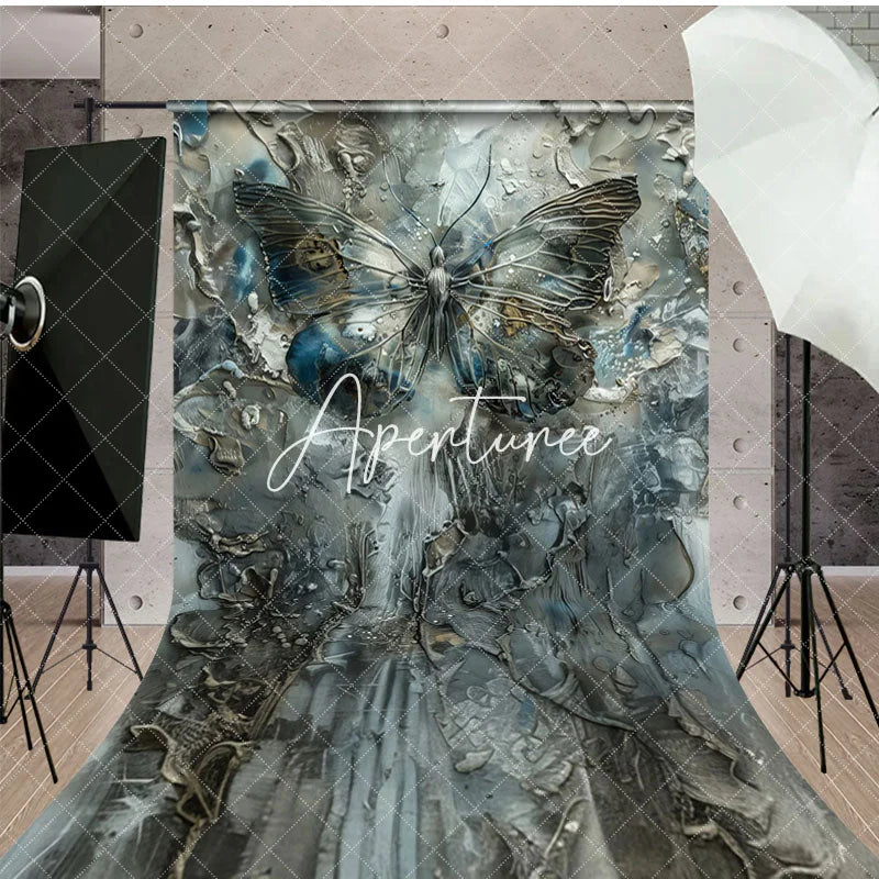 Aperturee - Aperturee Grey Blue Artistic Abstract Butterfly Sweep Backdrop