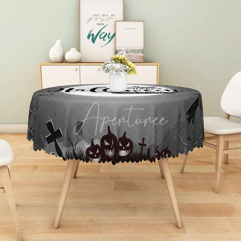 Aperturee - Aperturee Grey Halloween Round Tablecloth with Moon Bats and Cemetery for Gothic and Spooky Haunted Decor