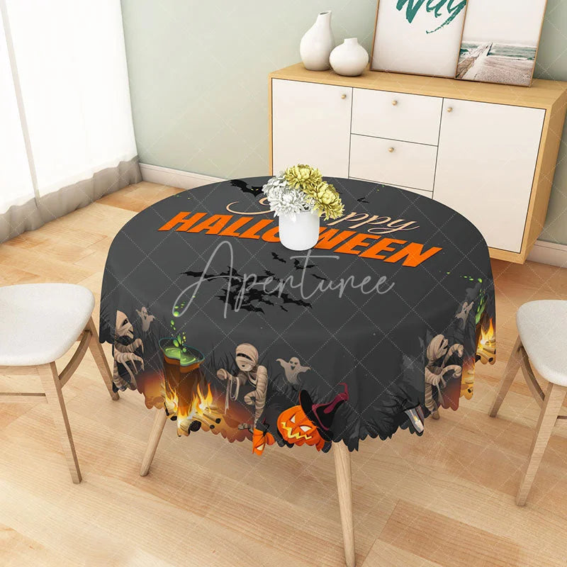 Aperturee - Aperturee Grey Halloween Round Tablecloth with Mummy Bats and Jack-o’-Lanterns for Spooky Kids Party Decor