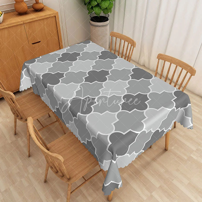 Aperturee - Aperturee Grey Moroccan Trellis Rectangle Tablecloth Geometric Quatrefoil Table Cover Modern Minimalist Home Decor