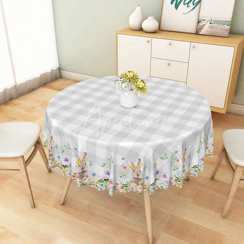 Aperturee - Aperturee Grey White Buffalo Plaid Round Tablecloth with Cute Bunnies and Spring Floral Border Easter Spring Decor