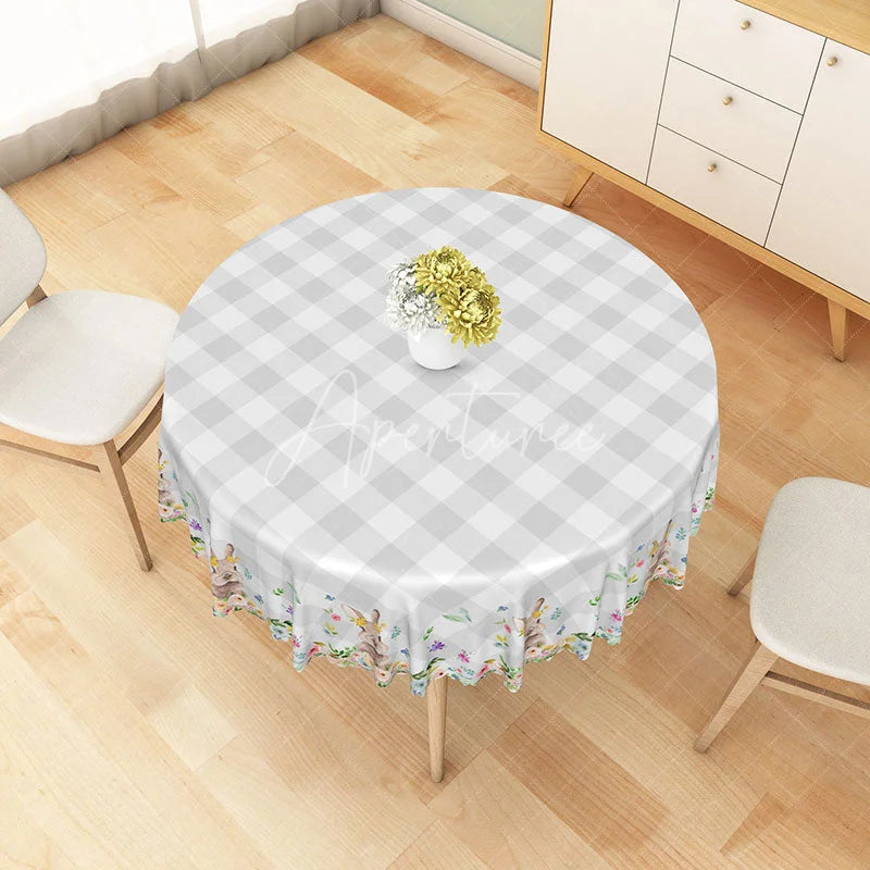 Aperturee - Aperturee Grey White Buffalo Plaid Round Tablecloth with Cute Bunnies and Spring Floral Border Easter Spring Decor