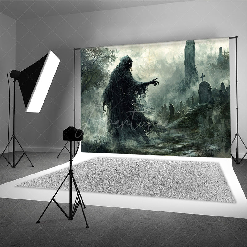 Aperturee - Aperturee Grim Reaper in Haunted Graveyard Photography Backdrop Misty Ghost Scene for Fine Art Spooky Halloween Portraits
