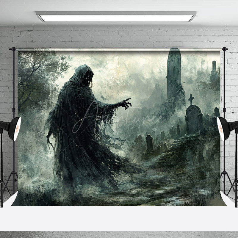 Aperturee - Aperturee Grim Reaper in Haunted Graveyard Photography Backdrop Misty Ghost Scene for Fine Art Spooky Halloween Portraits