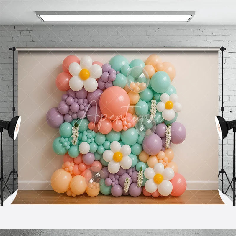 Aperturee - Aperturee Groovy Daisy Balloon Wall Photography Backdrop Pastel Floral Decor for Two Groovy First Birthday Cake Smash