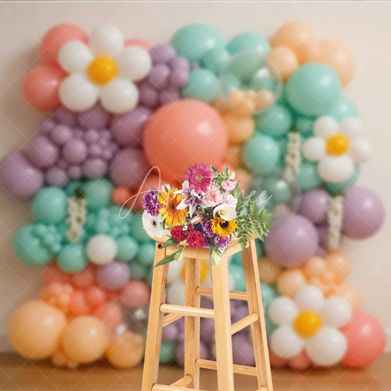 Aperturee - Aperturee Groovy Daisy Balloon Wall Photography Backdrop Pastel Floral Decor for Two Groovy First Birthday Cake Smash