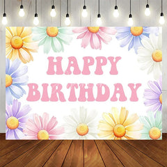 Aperturee - Aperturee Groovy Daisy Birthday Backdrop Pastel Flower Happy Birthday Background for Girl Hippie Boho Floral Party Photo Booth