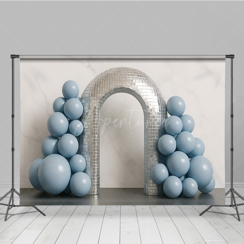 Aperturee Aperturee Groovy Disco Ball Arch Cake Smash Backdrop Dusty Blue Balloons and Mirror Tiles First Birthday Photo Prop