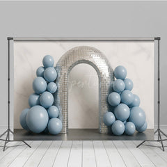 Aperturee Aperturee Groovy Disco Ball Arch Cake Smash Backdrop Dusty Blue Balloons and Mirror Tiles First Birthday Photo Prop