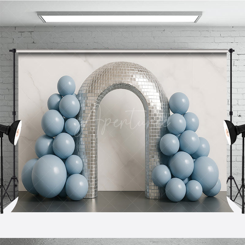 Aperturee Aperturee Groovy Disco Ball Arch Cake Smash Backdrop Dusty Blue Balloons and Mirror Tiles First Birthday Photo Prop
