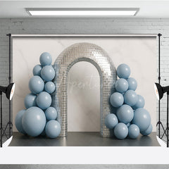 Aperturee Aperturee Groovy Disco Ball Arch Cake Smash Backdrop Dusty Blue Balloons and Mirror Tiles First Birthday Photo Prop