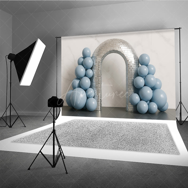 Aperturee Aperturee Groovy Disco Ball Arch Cake Smash Backdrop Dusty Blue Balloons and Mirror Tiles First Birthday Photo Prop