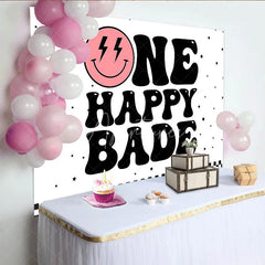 Aperturee - Aperturee Groovy One Happy Babe 1st Birthday Backdrop Retro Pink Smiley Face and Checkered Party Banner