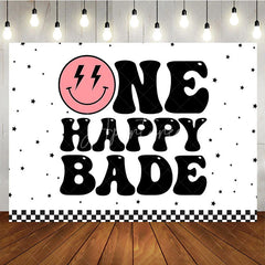 Aperturee - Aperturee Groovy One Happy Babe 1st Birthday Backdrop Retro Pink Smiley Face and Checkered Party Banner