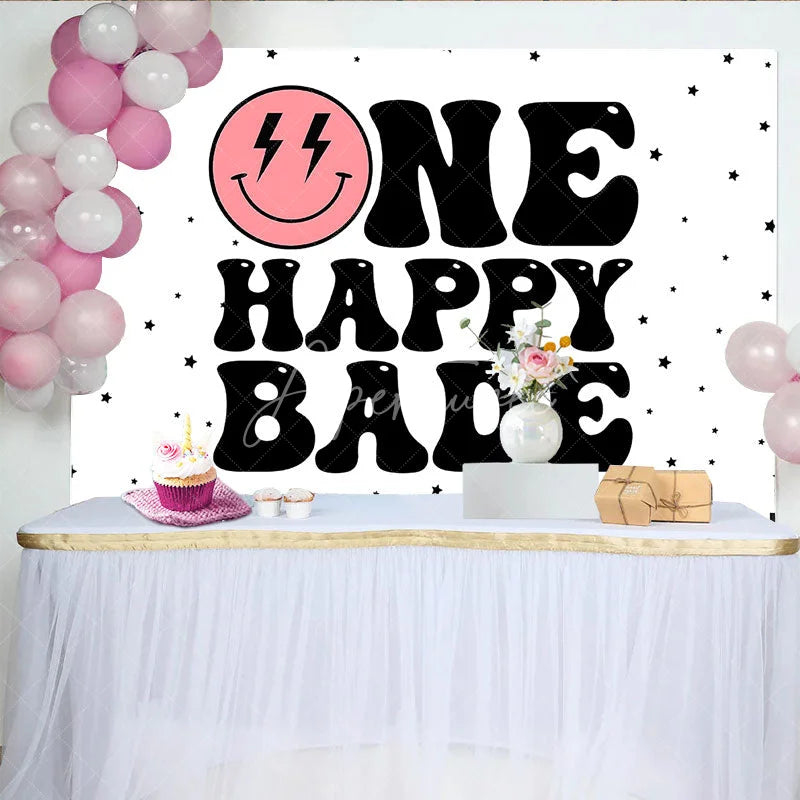 Aperturee - Aperturee Groovy One Happy Babe 1st Birthday Backdrop Retro Pink Smiley Face and Checkered Party Banner