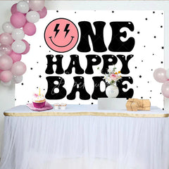 Aperturee - Aperturee Groovy One Happy Babe 1st Birthday Backdrop Retro Pink Smiley Face and Checkered Party Banner