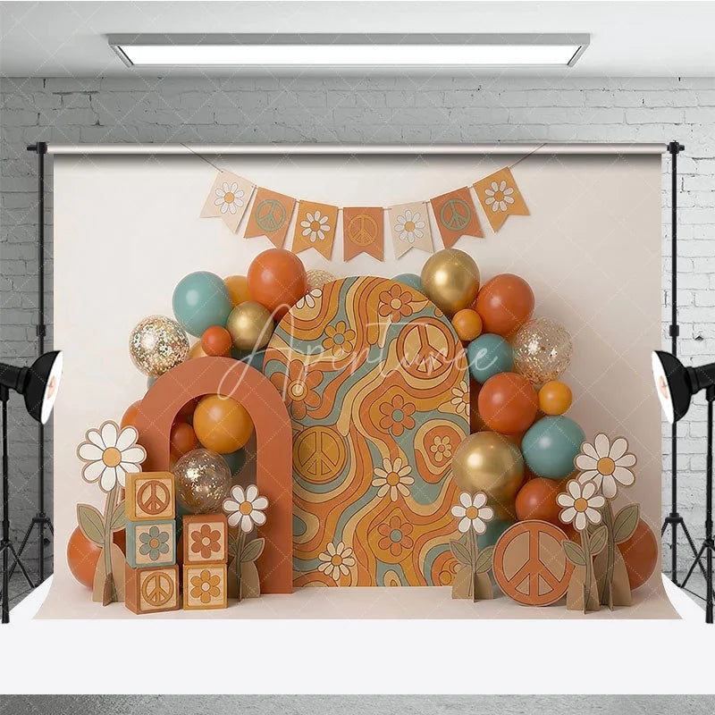 Aperturee - Aperturee Groovy Retro Hippie Photography Backdrop with Peace Signs and Daisy Flowers 60s 70s Theme Birthday Party Decor