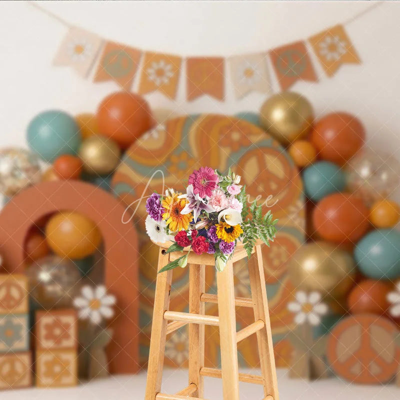 Aperturee - Aperturee Groovy Retro Hippie Photography Backdrop with Peace Signs and Daisy Flowers 60s 70s Theme Birthday Party Decor