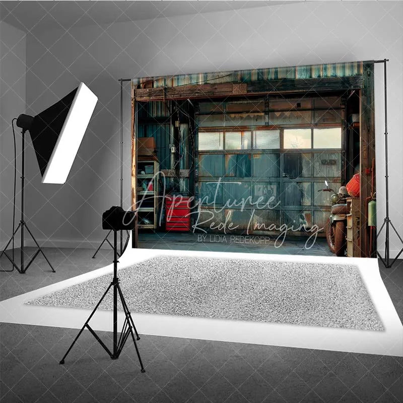 Aperturee - Aperturee Grunge Garage Photography Backdrop Rusted Metal Door Vintage Motorcycle Background Industrial Man Cave Photo Prop