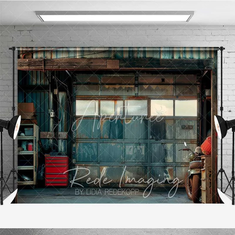 Aperturee - Aperturee Grunge Garage Photography Backdrop Rusted Metal Door Vintage Motorcycle Background Industrial Man Cave Photo Prop