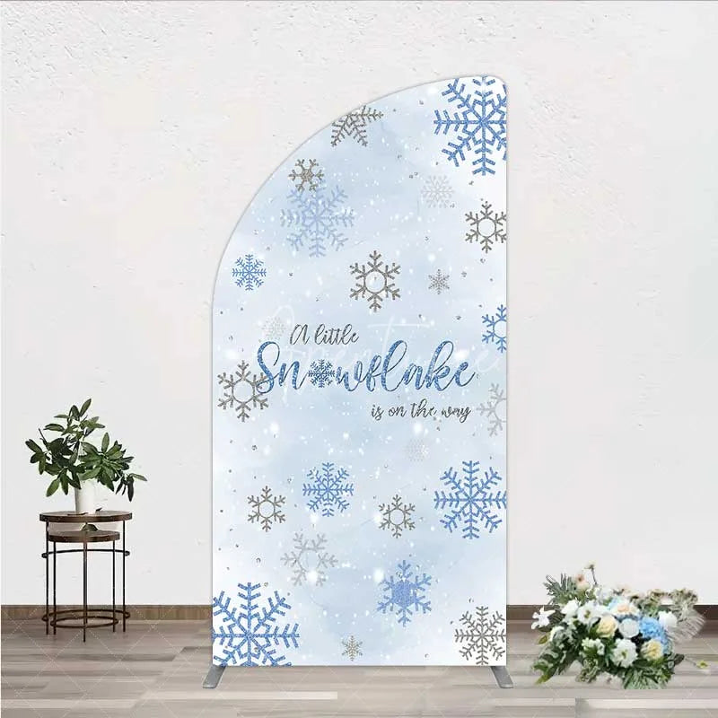 Aperturee - Aperturee Half Moon Arch Backdrop A Little Snowflake Is On The Way Cover Winter Blue Silver Baby Shower Background Boy Party