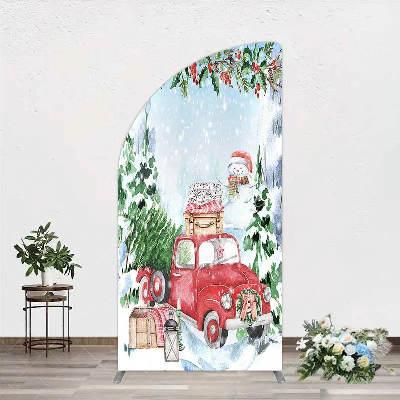 Aperturee - Aperturee Half Moon Arch Backdrop Christmas Red Truck Winter Snow Cover Watercolor Pine Tree Xmas Decoration Holiday Party