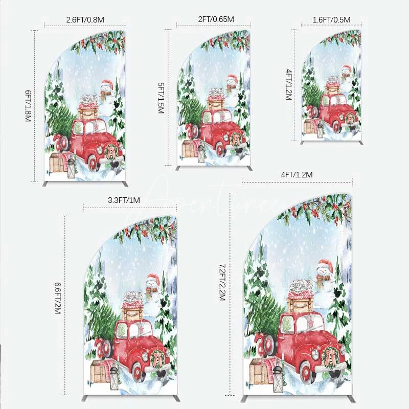 Aperturee - Aperturee Half Moon Arch Backdrop Christmas Red Truck Winter Snow Cover Watercolor Pine Tree Xmas Decoration Holiday Party