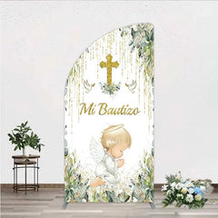 Aperturee - Aperturee Half Moon Arch Backdrop Mi Bautizo Angel Gold Cross Cover Greenery Eucalyptus Baptism Chiara Wall Background