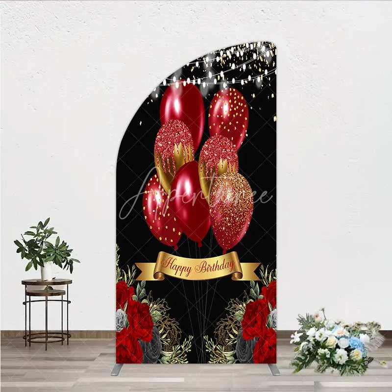 Aperturee - Aperturee Half Moon Arch Backdrop Red Gold Balloons Happy Birthday Cover Black Floral Rose Chiara Wall Background Party