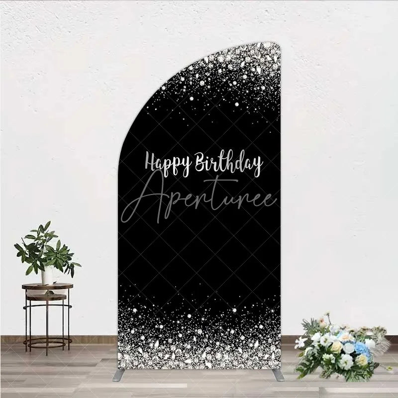 Aperturee - Aperturee Half Moon Arch Backdrop Silver Diamonds Glitz Black Background Sparkle Happy Birthday Half Moon Arch Cover