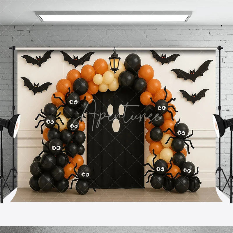Aperturee - Aperturee Halloween Balloon Arch Photography Backdrop Orange and Black Ghost and Spider Spooky Party Photo Booth Decor