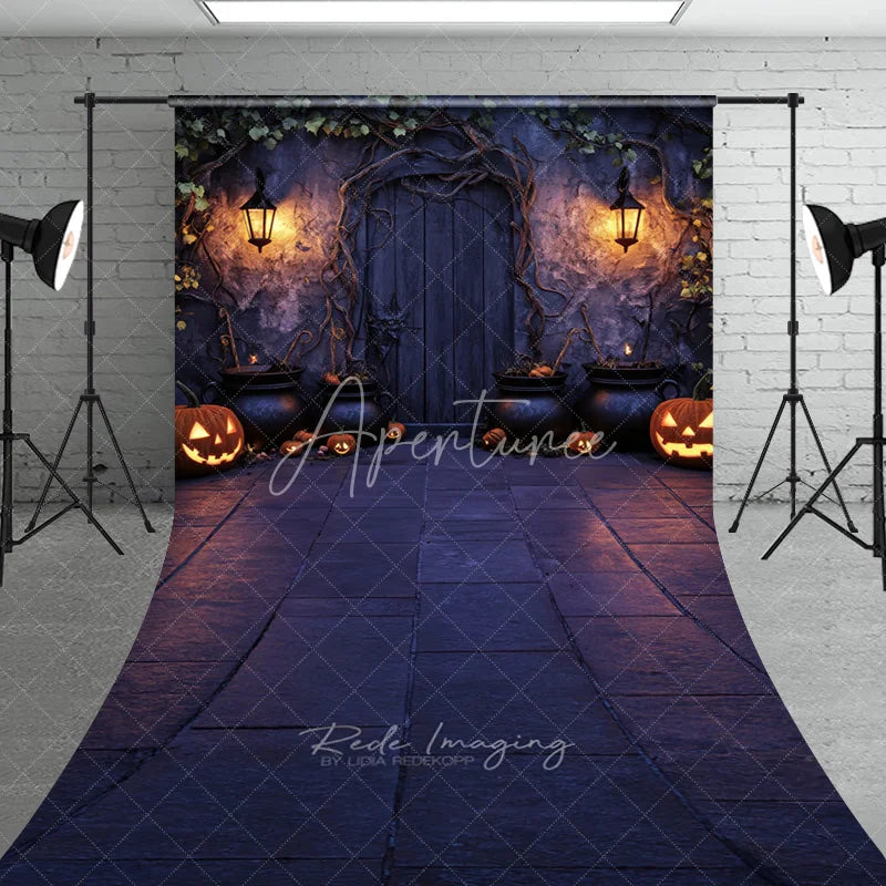 Aperturee - Aperturee Halloween Enchanted Stone Wall Sweep Backdrop with Wooden Door Glowing Jack-O-Lanterns and Cauldrons
