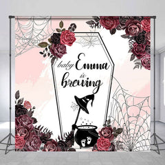 Aperturee - Aperturee Halloween Floral Baby Is Brewing Custom Name Backdrop