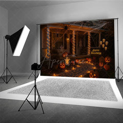 Aperturee - Aperturee Halloween Front Porch Photography Backdrop Night Scene with Jack-o-lanterns Spooky House Party Decorations