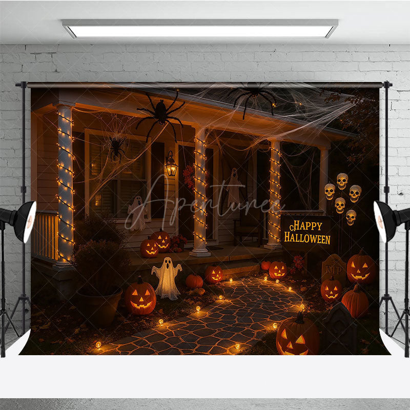 Aperturee - Aperturee Halloween Front Porch Photography Backdrop Night Scene with Jack-o-lanterns Spooky House Party Decorations