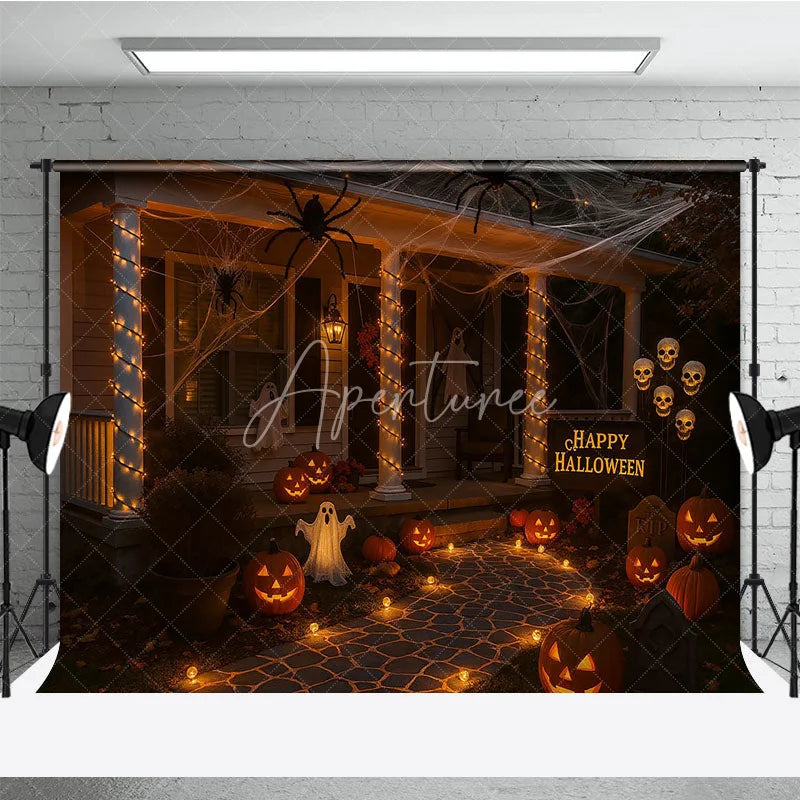 Aperturee - Aperturee Halloween Front Porch Photography Backdrop Night Scene with Jack-o-lanterns Spooky House Party Decorations