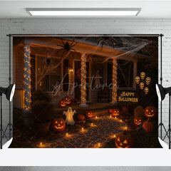 Aperturee - Aperturee Halloween Front Porch Photography Backdrop Night Scene with Jack-o-lanterns Spooky House Party Decorations