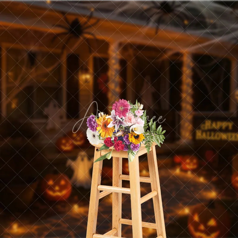 Aperturee - Aperturee Halloween Front Porch Photography Backdrop Night Scene with Jack-o-lanterns Spooky House Party Decorations