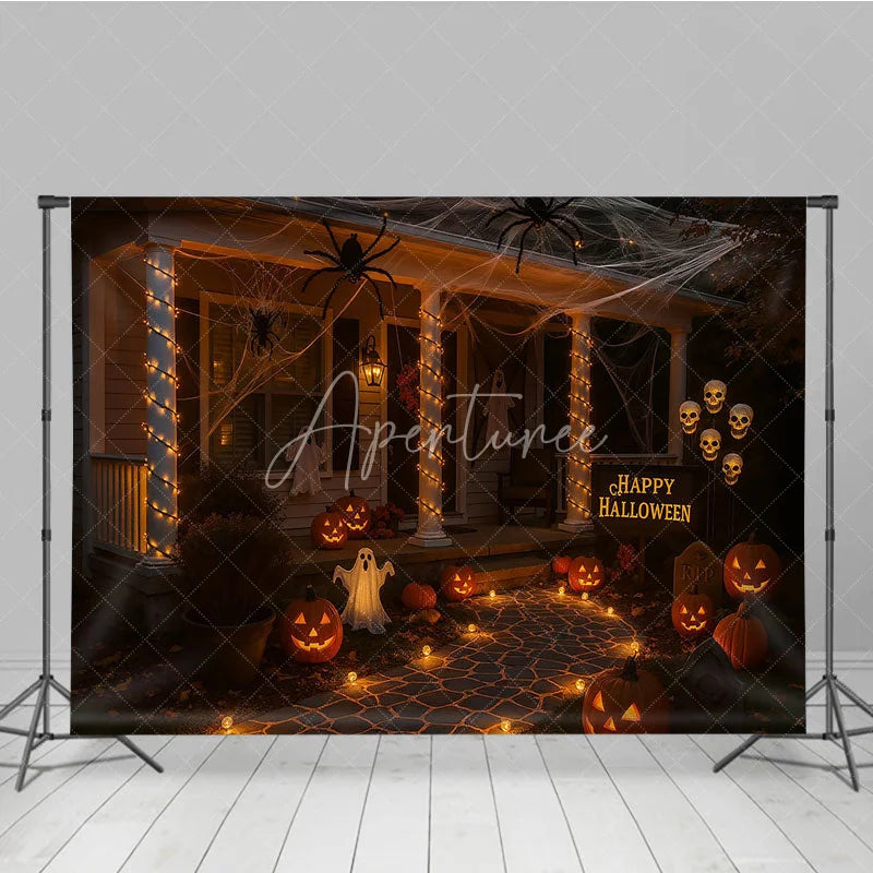 Aperturee - Aperturee Halloween Front Porch Photography Backdrop Night Scene with Jack-o-lanterns Spooky House Party Decorations