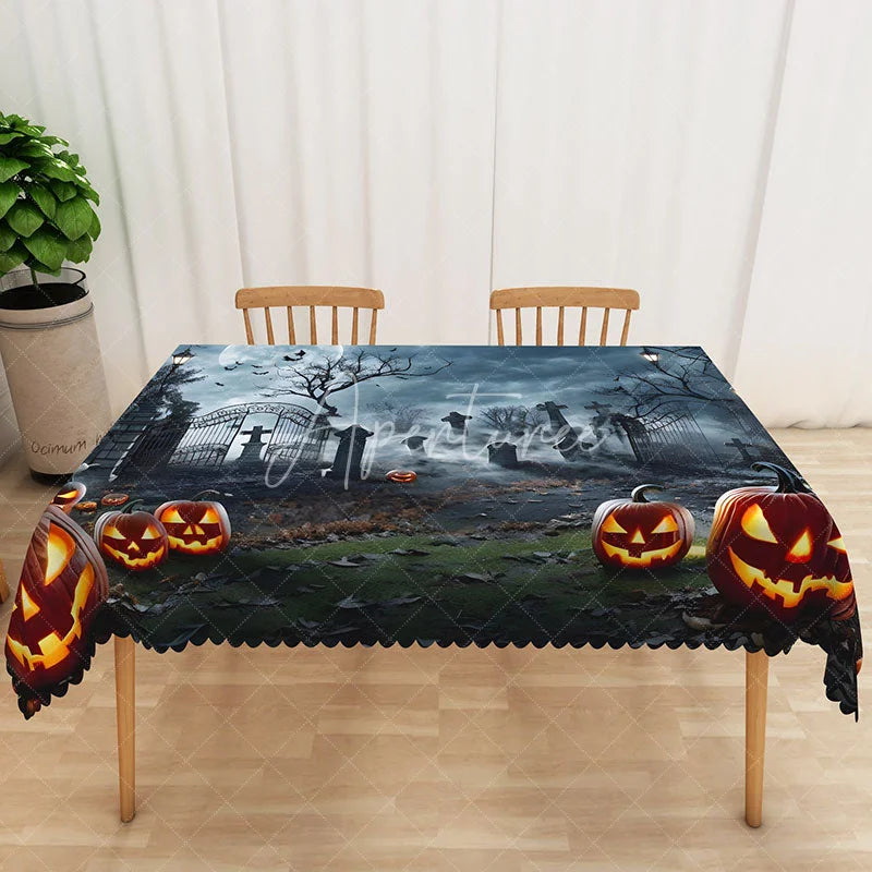 Aperturee - Aperturee Halloween Graveyard Rectangle Tablecloth with Jack O’ Lanterns for Spooky Cemetery and Haunted Party Decor