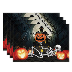 Aperturee - Aperturee Halloween Jack-O’-Lantern and Skeleton Set of 4 Placemats for Spooky and Fun Holiday Party Decor