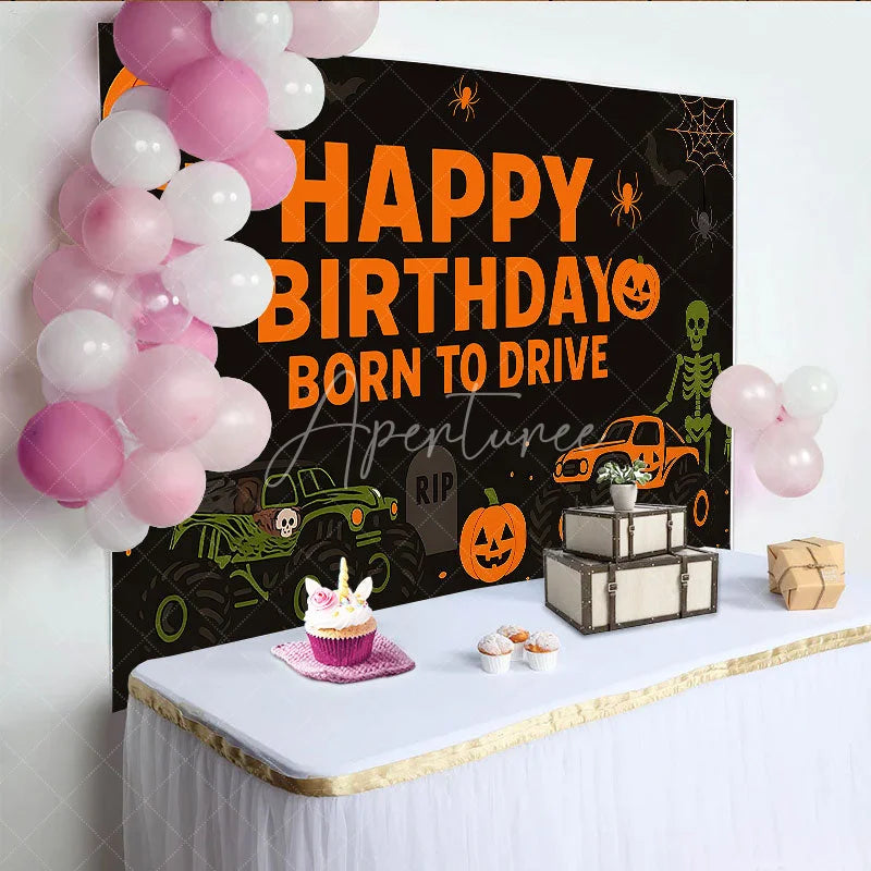 Aperturee - Aperturee Halloween Monster Truck Birthday Backdrop Pumpkin Skeleton Boys Party Background Spooky Born to Drive Photography Prop