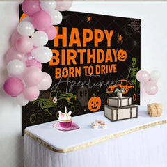 Aperturee - Aperturee Halloween Monster Truck Birthday Backdrop Pumpkin Skeleton Boys Party Background Spooky Born to Drive Photography Prop