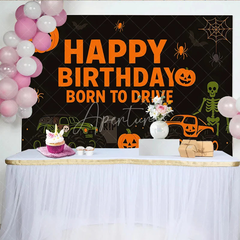 Aperturee - Aperturee Halloween Monster Truck Birthday Backdrop Pumpkin Skeleton Boys Party Background Spooky Born to Drive Photography Prop