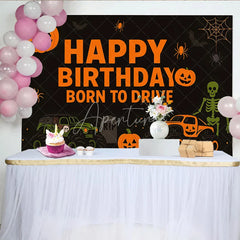 Aperturee - Aperturee Halloween Monster Truck Birthday Backdrop Pumpkin Skeleton Boys Party Background Spooky Born to Drive Photography Prop