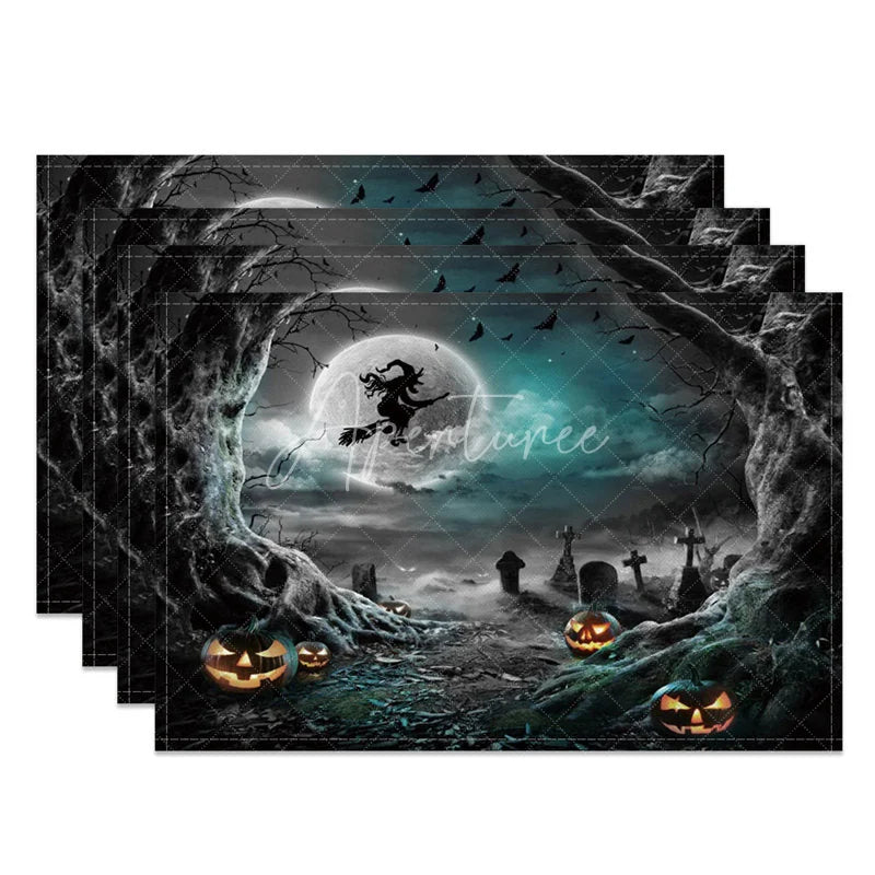 Aperturee - Aperturee Halloween Night Set of 4 Placemats with Witch Bat and Cemetery for Spooky and Gothic Party Decor