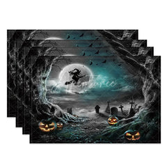 Aperturee - Aperturee Halloween Night Set of 4 Placemats with Witch Bat and Cemetery for Spooky and Gothic Party Decor