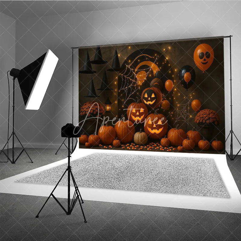 Aperturee - Aperturee Halloween Party Photography Backdrop Jack-o-lanterns with Witch Hats Spooky Balloons and String Lights Decor