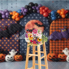 Aperturee - Aperturee Halloween Photography Backdrop featuring Spooky Bats Jack-o-Lanterns Ghosts and a Red Moon perfect for Party Decor